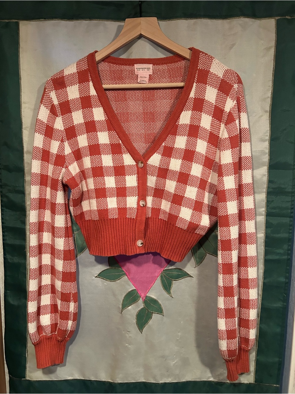 Checked Orange & White V-Neck Cropped Cardigan Sweater